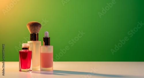 Cosmetic bottles and brush with green background and warm light