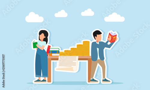 Teenage Boy and Girl Reading Book Near Desk With Stack of Books Rows of Money Piles and Paperwork Illustration of Learning About Investment Assets