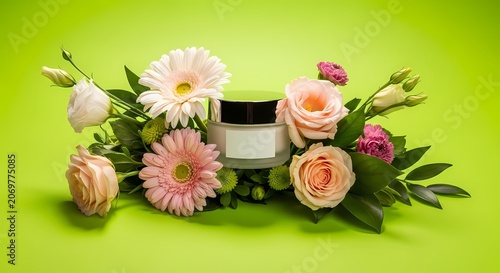 Cosmetic jar surrounded by delicate flowers on a vibrant green background
