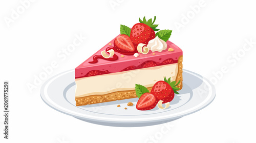 A slice of strawberry cheesecake dessert.