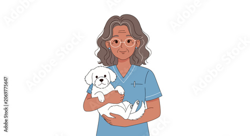 Schilderij op canvas Woman holding a small white puppy.
