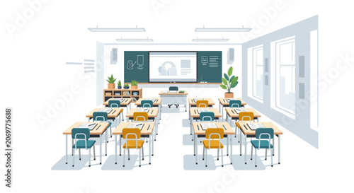 Classroom desks and chairs arranged.