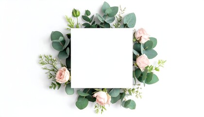 A square white space, framed by lush green eucalyptus leaves, delicate light pink roses, and small sprigs against a white backdrop