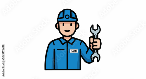 Cartoon mechanic holding a wrench tool.