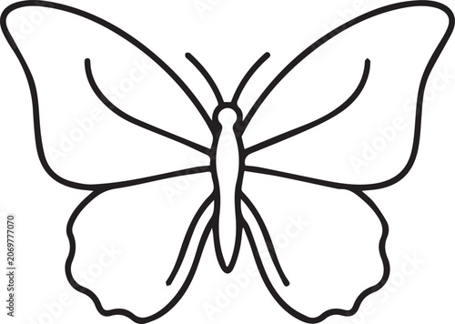 Simple butterfly outline drawing for kids coloring book page featuring symmetrical wings and basic insect anatomy isolated on white background