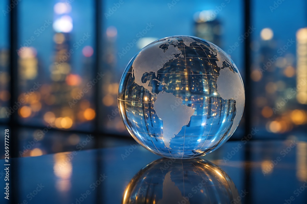 Fototapeta premium A crystal globe reflecting the city lights at night, symbolizing global business and connectivity.