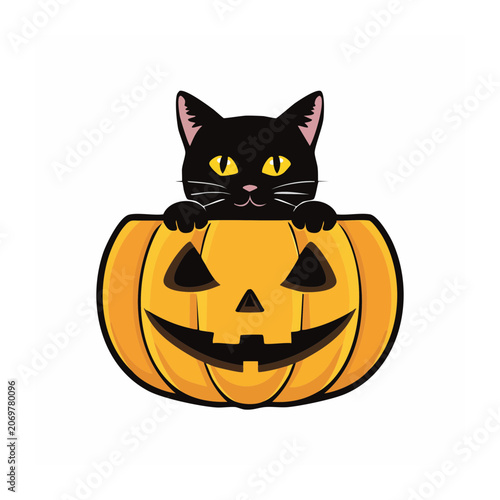 Black Cat Peeking from Jack O Lantern Vector Illustration