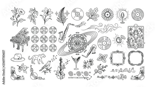 Photography Elegant vector collection of 40 jazz music and nature-inspired line art icons, vintage hand-drawn illustrations for sophisticated design projects, monochrome graphic resources
