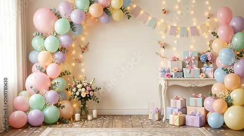 Festive birthday party room decorated with pink and white balloons and gift boxes for a celebration in a cozy home setting