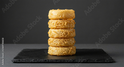 A professional product shot of exactly five uniform onion rings arranged in a perfect, repeating vertical stack on a matte black ceramic slate. 