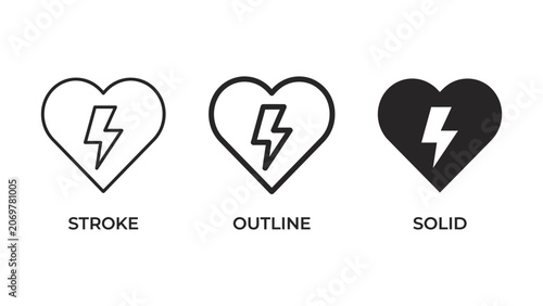 Heart with lightning bolt icon in stroke, outline, and solid styles