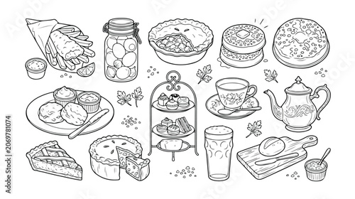 Canvastavla Traditional British food and drink vector collection, classic English cuisine, s