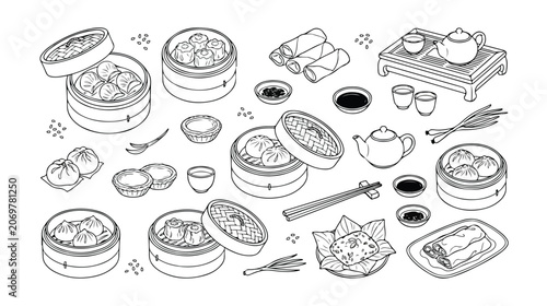 Quadro su tela Dim Sum vector line art collection, traditional Chinese cuisine, Asian food, ste