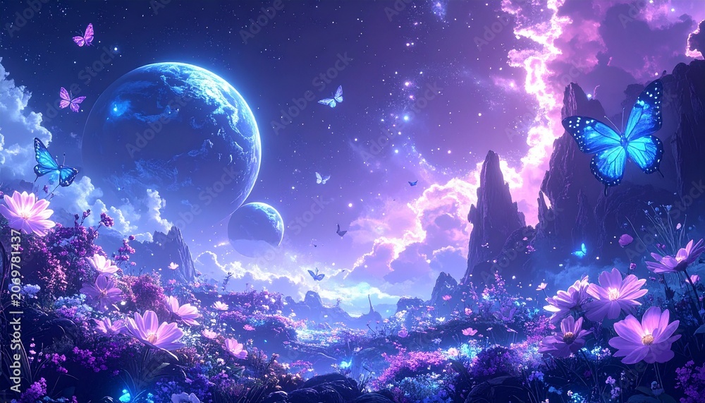 Fototapeta premium A surreal and enchanting landscape featuring glowing flowers, bioluminescent butterflies, and two planets in the sky, bathed in a mystical purple and blue light
