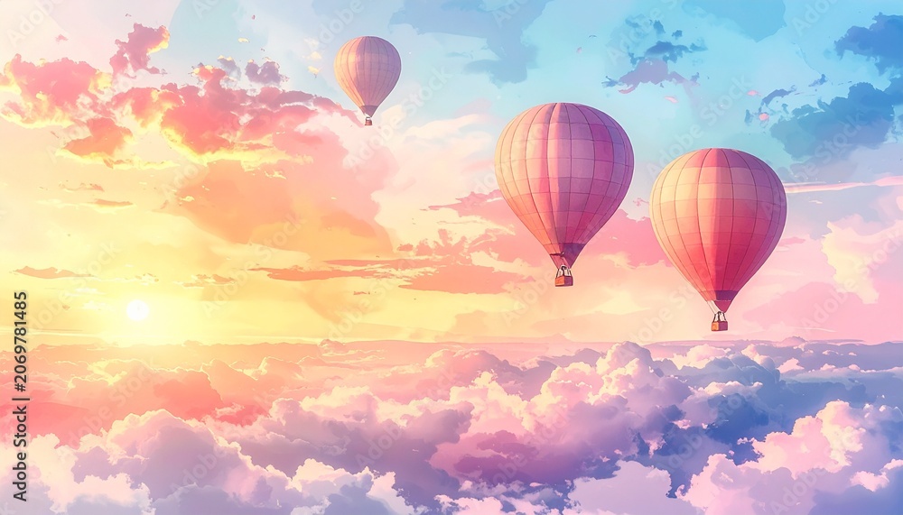 Obraz premium Three hot air balloons drifting through a beautiful sunset sky filled with soft, colorful clouds. The sun is setting on the left side of the frame, casting a warm glow across the scene.