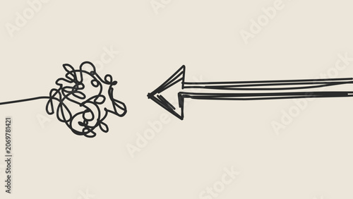 Abstract hand drawn arrow pointing at tangled scribble knot vector on cream background, doodle concept of problem solving, direction to confusion, strategy or finding solution