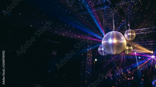 Mirror balls reflecting colorful light beams in a dark nightclub