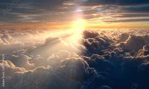 Sunrise Rays Breaking Through Fluffy Clouds in Majestic Sky