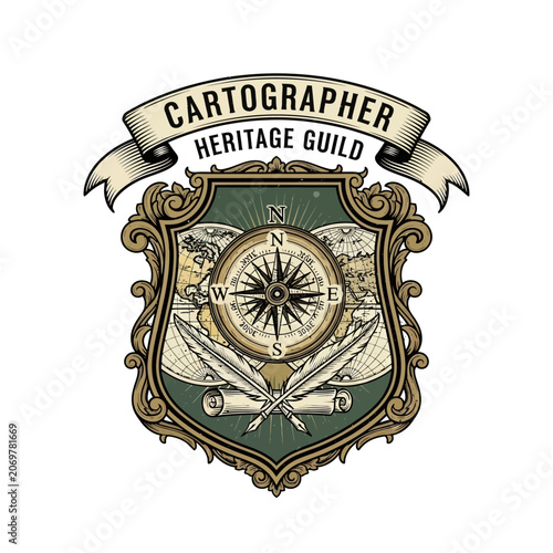 Obraz na plátně Cartographer Heritage Guild crest with compass and quills.