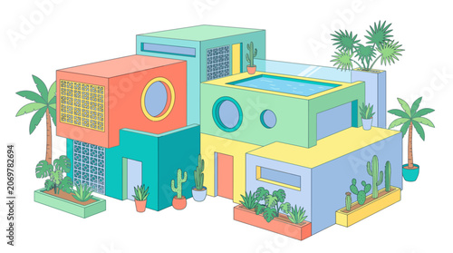 Colorful modern houses with plants.
