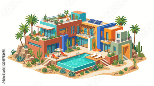Colorful modern luxury desert mansion house.