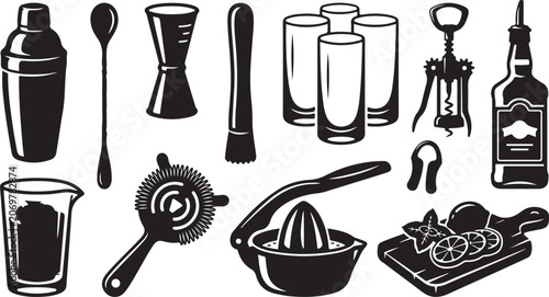 Foto Collection of black and white barware featuring a cocktail shaker, mixing spoon,