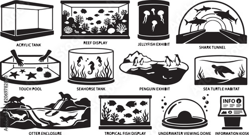 Canvas Print Collection of black and white depicting various aquarium exhibits, including fis