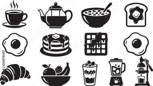 Quadro su tela Set of black and white breakfast featuring coffee, tea, pancakes, fried eggs, wa
