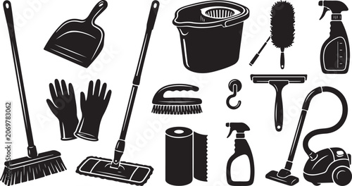 Canvastavla Set of black and white cleaning equipment featuring a broom, mop, dustpan, bucke