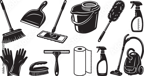 Fotografía Set of black and white cleaning equipment featuring a broom, mop, bucket, duster
