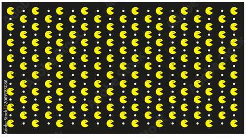 Seamless retro arcade game pattern featuring yellow Pacman-style characters and white dots on a black background.
