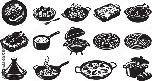 Bild auf Leinwand Set of black and white food featuring various dishes including roasted chicken,