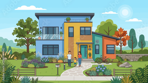 Colorful modern suburban family house exterior.