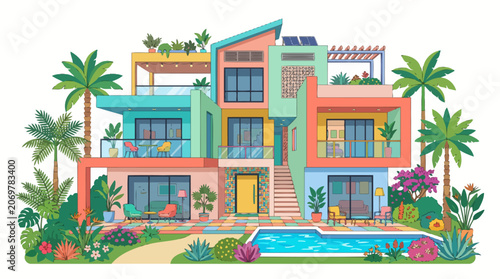 Colorful modern tropical house exterior.