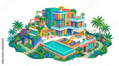 Colorful Modern Tropical Island Resort Architecture.