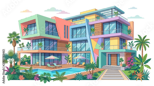 Colorful Modern Tropical Residential Building Exterior.