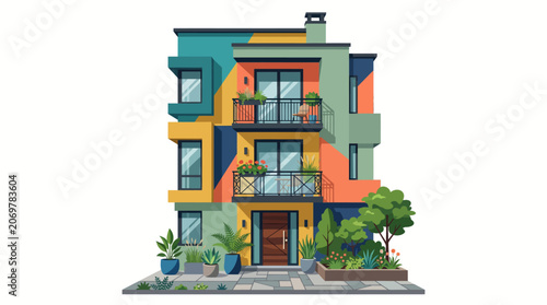 Colorful multi-story residential apartment building.