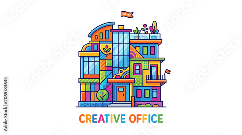 Colorful office building with flag.