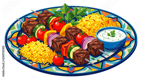 Colorful plate of meat skewers served.