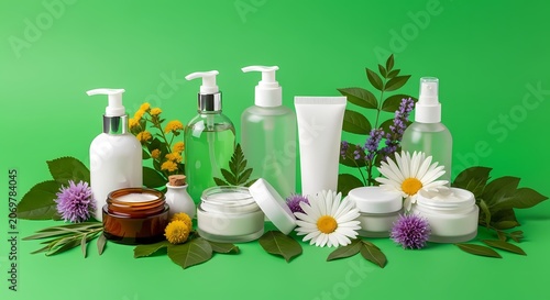 Natural Skincare Products with Botanicals on Green Background