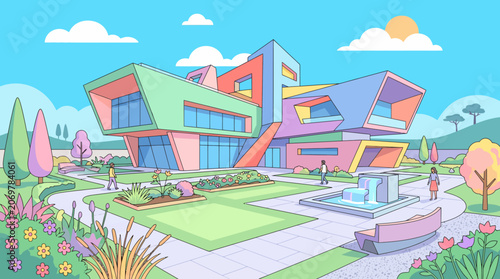 Colorful modern buildings with unique design.