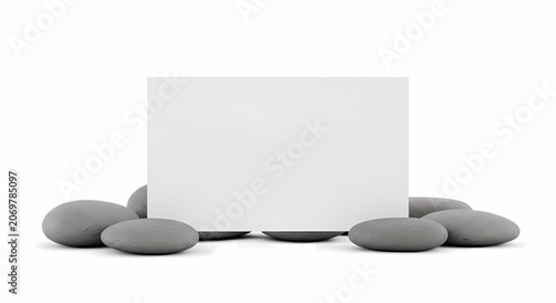 Blank White Card Surrounded by Smooth Grey Stones, Isolated on White Background