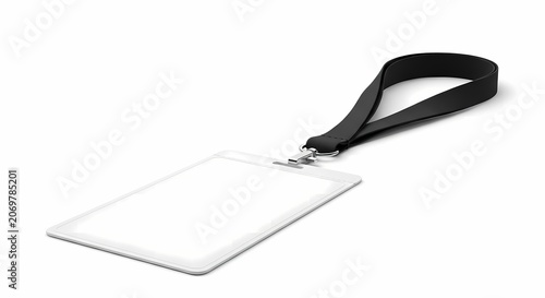 Blank identification card with black lanyard, isolated on white background.