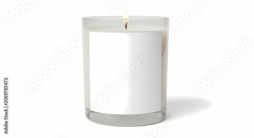 Lit Scented Candle in Glass Jar with Blank Label on White Background