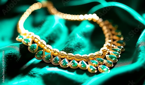 Elegant Gold Necklace with Emeralds on Dark Green Fabric
