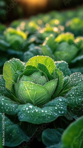 Fresh Green Cabbage With Morning Dew Drops In A Sunny Organic Farm Garden