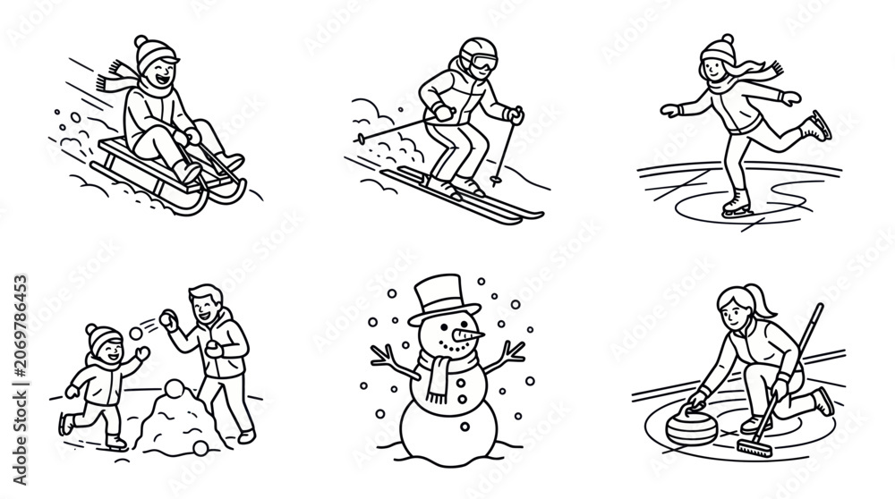 Obraz premium Winter Activities Collection: Sledding, Skiing, Ice Skating, Snowball Fight, Snowman, Curling