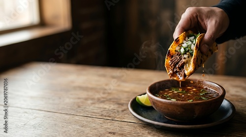 Hand dipping a steaming beef birria taco into savory consomme broth