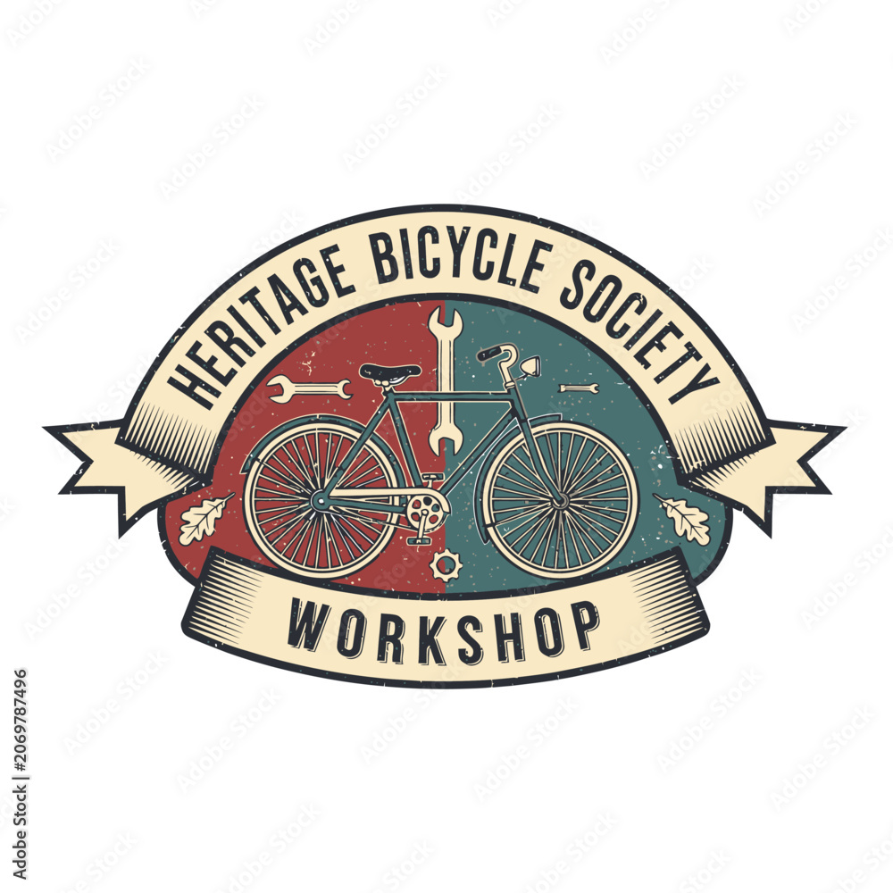 Fototapeta premium Heritage bicycle society logo with tools.