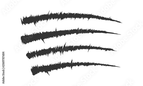 Set of four horizontal wild monster claw scratch marks and rough brush strokes vector illustration background